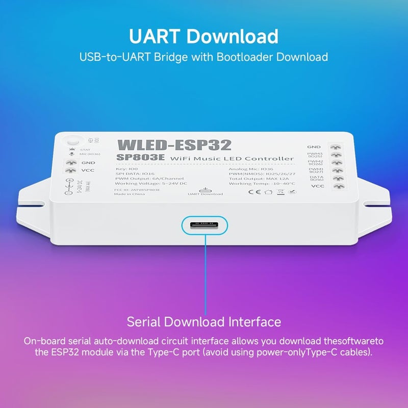 BTF-LIGHTING ESP32 WLED LED Strip Controller SP803E Built-in Mic DIY Dynamic Modes UART USB Type-C Download for WS2811,WS2812,SK6812,WS2814,WS2815 Addressable LED Strip/Matrix,PWM Dimming CCT RGB LED - Image 3